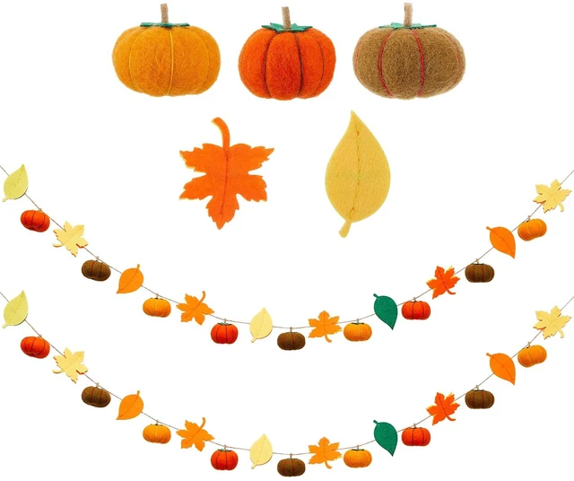 Main image of 2 Pcs Fall Pumpkin Garland 78 Inch Felt Thanksgiving Banner | Maple Leaves Pom Pom Design, Farmhouse Autumn Harvest Decor, For Mantel Fireplace, Halloween Thanksgiving Party