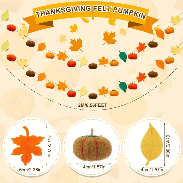 Alt view image 2 of 6 - 2 Pcs Fall Pumpkin Garland 78 Inch Felt Thanksgiving Banner | Maple Leaves Pom Pom Design, Farmhouse Autumn Harvest Decor, For Mantel Fireplace, Halloween Thanksgiving Party