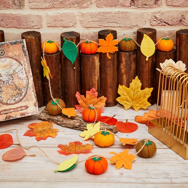 Alt view image 3 of 6 - 2 Pcs Fall Pumpkin Garland 78 Inch Felt Thanksgiving Banner | Maple Leaves Pom Pom Design, Farmhouse Autumn Harvest Decor, For Mantel Fireplace, Halloween Thanksgiving Party