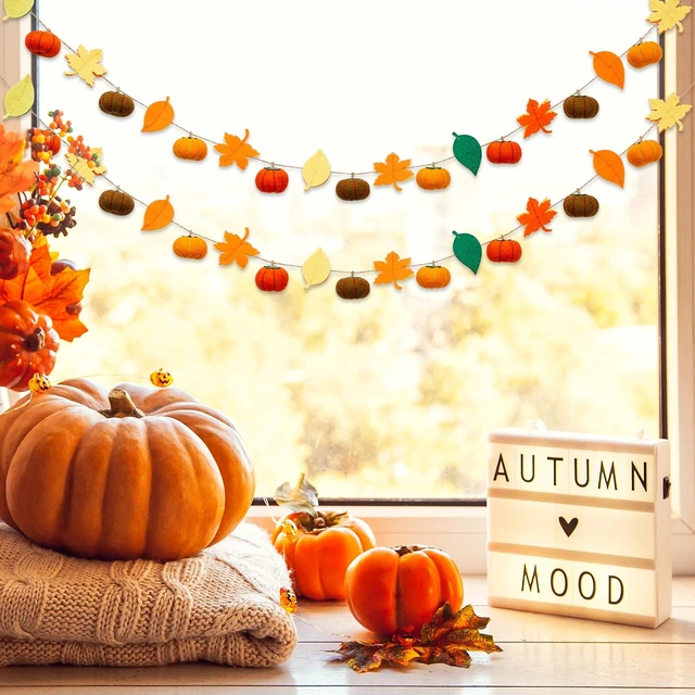 Alt view image 5 of 6 - 2 Pcs Fall Pumpkin Garland 78 Inch Felt Thanksgiving Banner | Maple Leaves Pom Pom Design, Farmhouse Autumn Harvest Decor, For Mantel Fireplace, Halloween Thanksgiving Party
