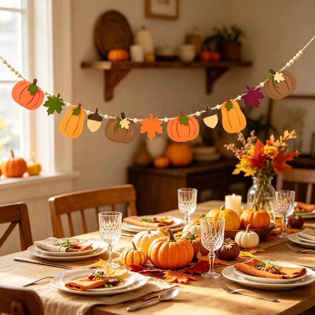 Alt view image 6 of 7 - Fall Garland Felt Pumpkin Decor for Home Thanksgiving Decorations with Fall Leaf and Pumpkin Decoration, Halloween Decor for Classroom,Office,Living Room