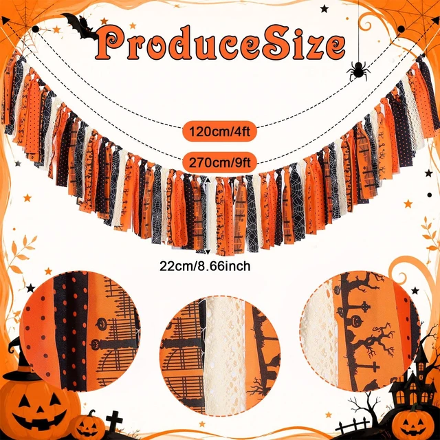 Alt view image 2 of 6 - 4 ft Halloween Fabric Tassel Garland Banner Spider Web Black Orange | Vintage Pumpkin Spider Web Rag Banner, Mantel Wall Decor, Photo Backdrop, Halloween Party Decoration, Double-sided Strips