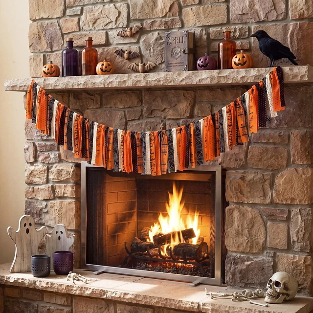 Alt view image 5 of 6 - 4 ft Halloween Fabric Tassel Garland Banner Spider Web Black Orange | Vintage Pumpkin Spider Web Rag Banner, Mantel Wall Decor, Photo Backdrop, Halloween Party Decoration, Double-sided Strips
