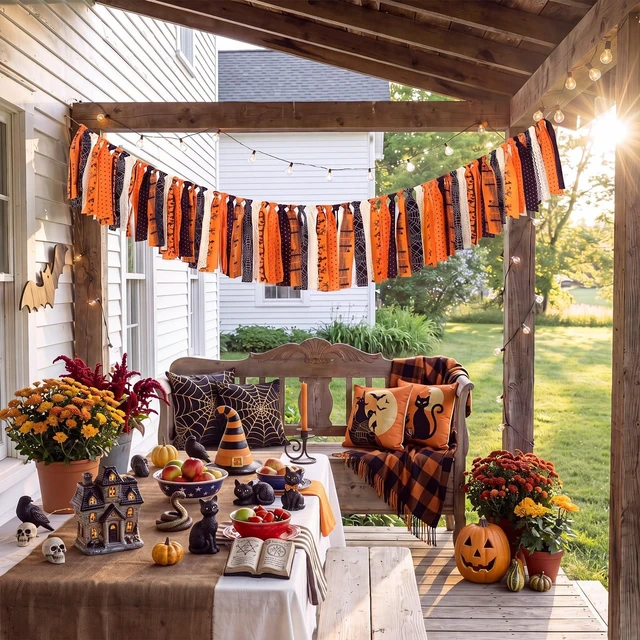 Alt view image 3 of 6 - 4 ft Halloween Fabric Tassel Garland Banner Spider Web Black Orange | Vintage Pumpkin Spider Web Rag Banner, Mantel Wall Decor, Photo Backdrop, Halloween Party Decoration, Double-sided Strips