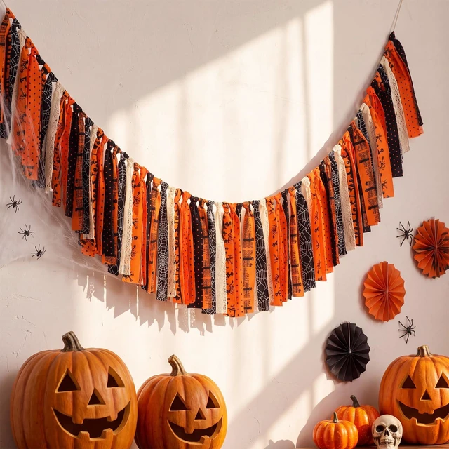 Alt view image 6 of 6 - 4 ft Halloween Fabric Tassel Garland Banner Spider Web Black Orange | Vintage Pumpkin Spider Web Rag Banner, Mantel Wall Decor, Photo Backdrop, Halloween Party Decoration, Double-sided Strips