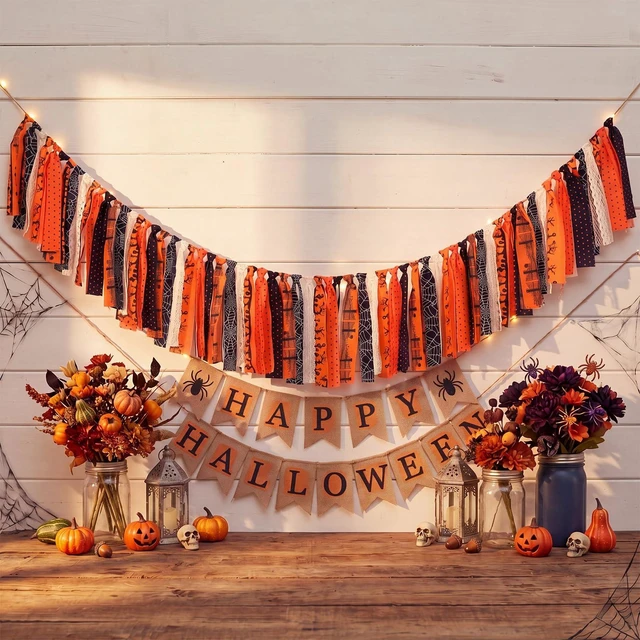 Alt view image 4 of 6 - 4 ft Halloween Fabric Tassel Garland Banner Spider Web Black Orange | Vintage Pumpkin Spider Web Rag Banner, Mantel Wall Decor, Photo Backdrop, Halloween Party Decoration, Double-sided Strips