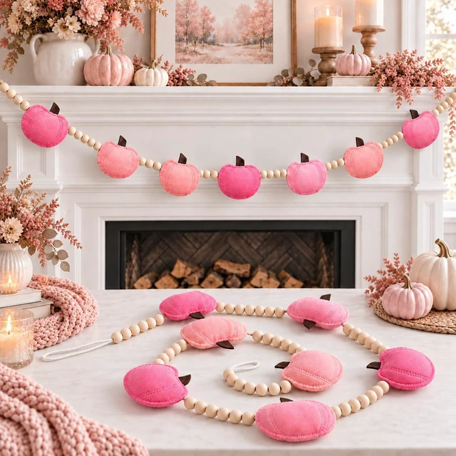 Main image of Pink Felt Pumpkin Wood Beads Garland Banner Decorations, Bunting Banner Indoor for Thanksgiving Decorations, Pumpkin Banner for Mantle Wall Decor