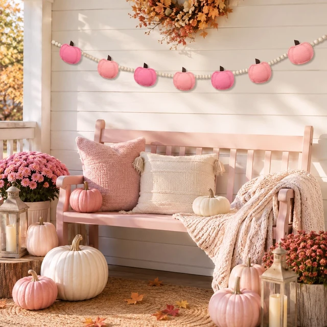 Alt view image 2 of 6 - Pink Felt Pumpkin Wood Beads Garland Banner Decorations, Bunting Banner Indoor for Thanksgiving Decorations, Pumpkin Banner for Mantle Wall Decor