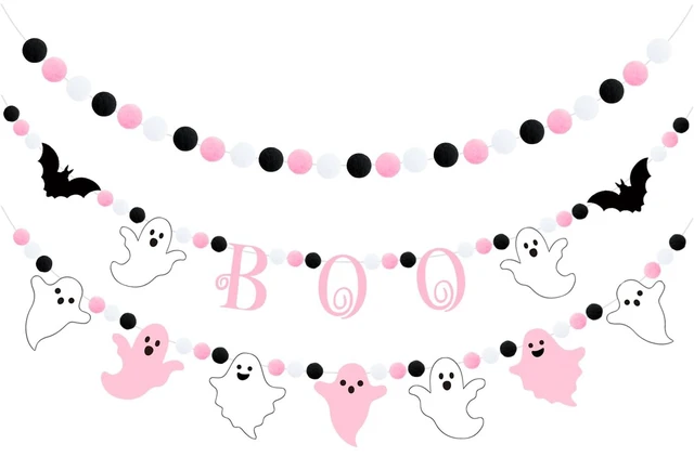 Main image of 3pcs Halloween Boo Felt Garland Banner Bat Hanging Bunting Banner Ghost Theme Party Banner Black Pink White Pompom Ball Banner Halloween Party Felt Garland for Wall Fireplace Home Decor