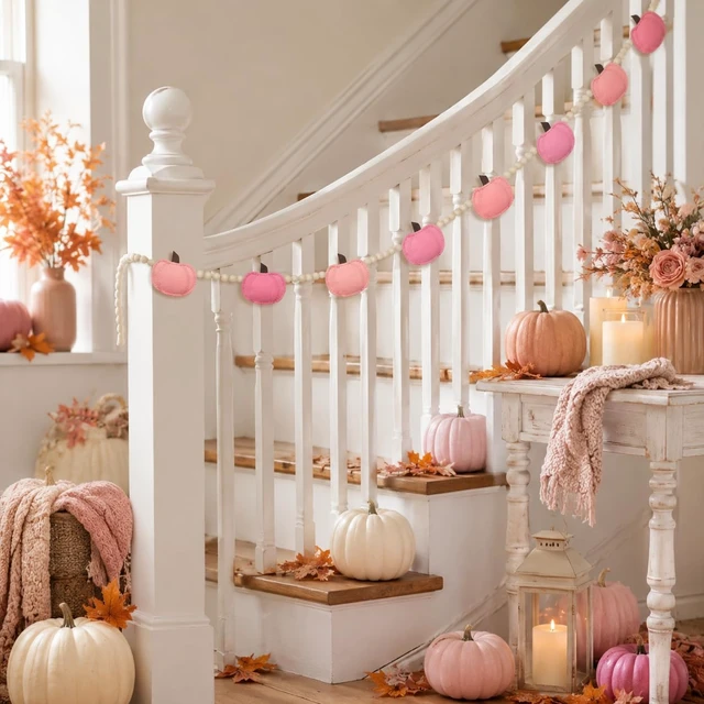 Alt view image 3 of 6 - Pink Felt Pumpkin Wood Beads Garland Banner Decorations, Bunting Banner Indoor for Thanksgiving Decorations, Pumpkin Banner for Mantle Wall Decor