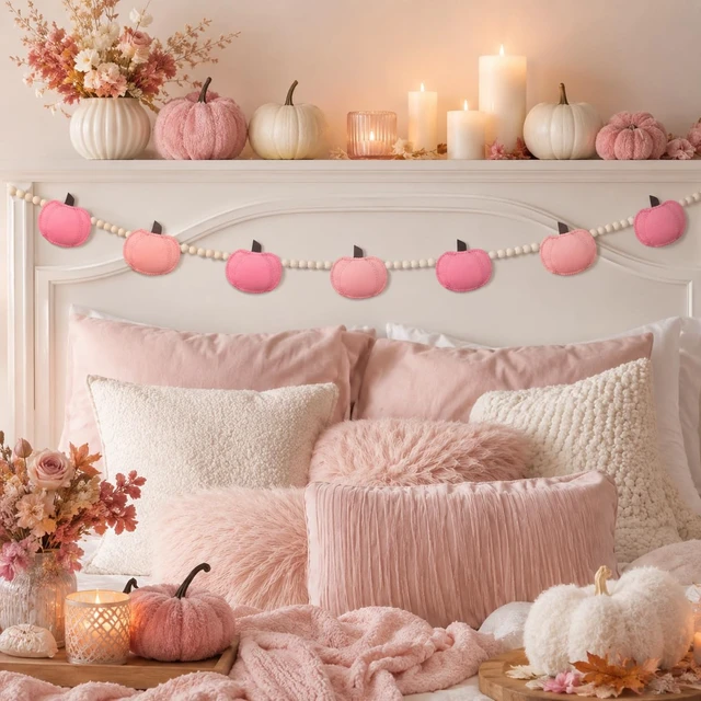 Alt view image 5 of 6 - Pink Felt Pumpkin Wood Beads Garland Banner Decorations, Bunting Banner Indoor for Thanksgiving Decorations, Pumpkin Banner for Mantle Wall Decor