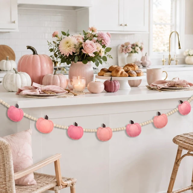 Alt view image 4 of 6 - Pink Felt Pumpkin Wood Beads Garland Banner Decorations, Bunting Banner Indoor for Thanksgiving Decorations, Pumpkin Banner for Mantle Wall Decor