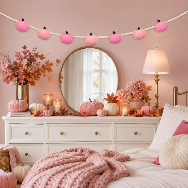 Alt view image 6 of 6 - Pink Felt Pumpkin Wood Beads Garland Banner Decorations, Bunting Banner Indoor for Thanksgiving Decorations, Pumpkin Banner for Mantle Wall Decor