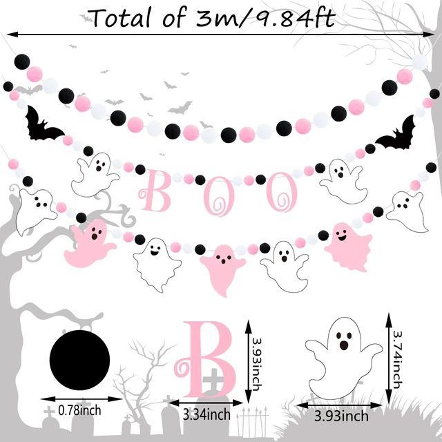 Alt view image 2 of 7 - 3pcs Halloween Boo Felt Garland Banner Bat Hanging Bunting Banner Ghost Theme Party Banner Black Pink White Pompom Ball Banner Halloween Party Felt Garland for Wall Fireplace Home Decor
