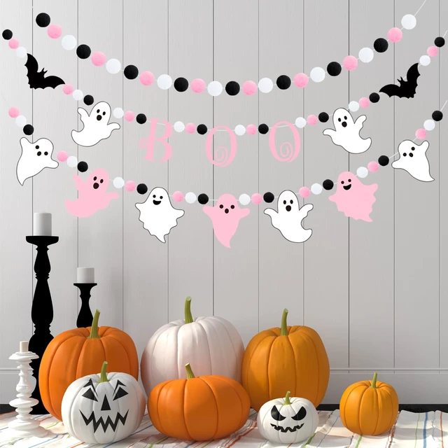 Alt view image 4 of 7 - 3pcs Halloween Boo Felt Garland Banner Bat Hanging Bunting Banner Ghost Theme Party Banner Black Pink White Pompom Ball Banner Halloween Party Felt Garland for Wall Fireplace Home Decor