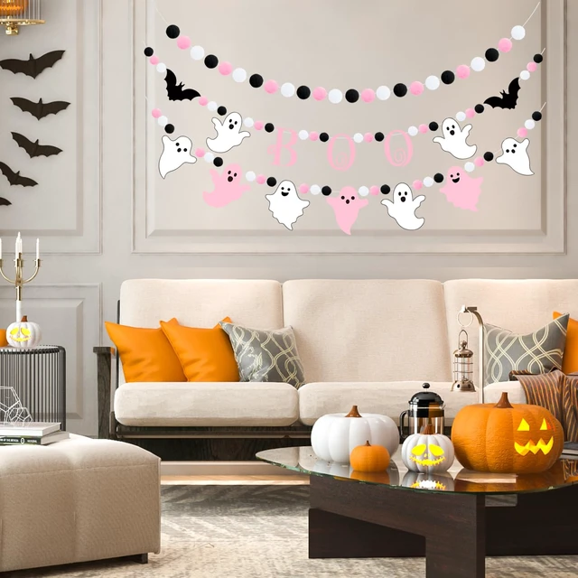 Alt view image 5 of 7 - 3pcs Halloween Boo Felt Garland Banner Bat Hanging Bunting Banner Ghost Theme Party Banner Black Pink White Pompom Ball Banner Halloween Party Felt Garland for Wall Fireplace Home Decor