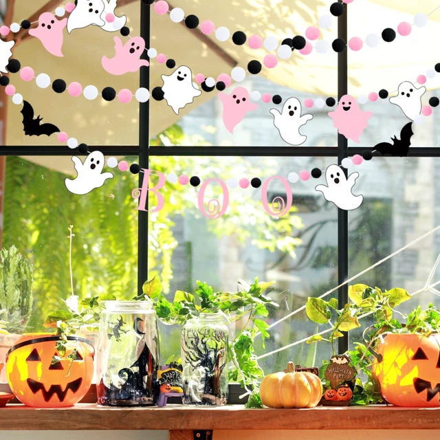 Alt view image 6 of 7 - 3pcs Halloween Boo Felt Garland Banner Bat Hanging Bunting Banner Ghost Theme Party Banner Black Pink White Pompom Ball Banner Halloween Party Felt Garland for Wall Fireplace Home Decor