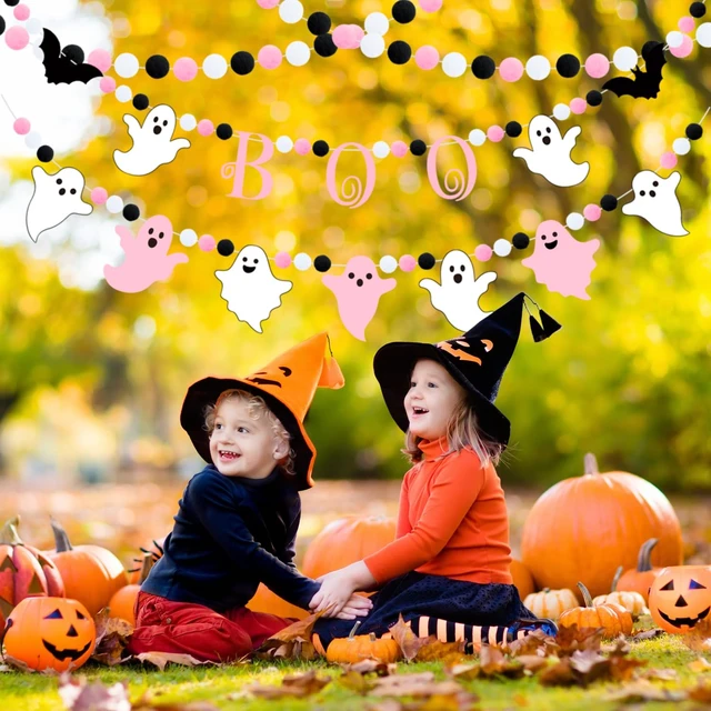 Alt view image 7 of 7 - 3pcs Halloween Boo Felt Garland Banner Bat Hanging Bunting Banner Ghost Theme Party Banner Black Pink White Pompom Ball Banner Halloween Party Felt Garland for Wall Fireplace Home Decor