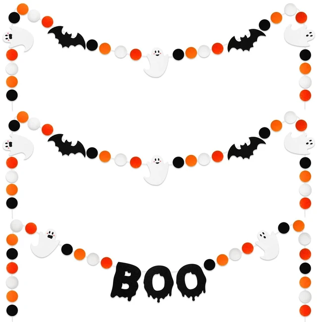 Main image of 3Pcs Halloween Felt Garland Ghost Boo Bat Hanging Banner Orange Black White Pom Ball Banner for Haunted House Home Wall Mantle Decor