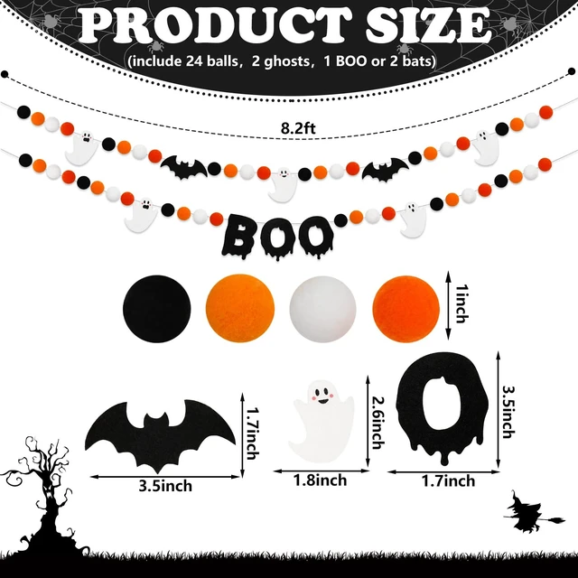 Alt view image 2 of 7 - 3Pcs Halloween Felt Garland Ghost Boo Bat Hanging Banner Orange Black White Pom Ball Banner for Haunted House Home Wall Mantle Decor