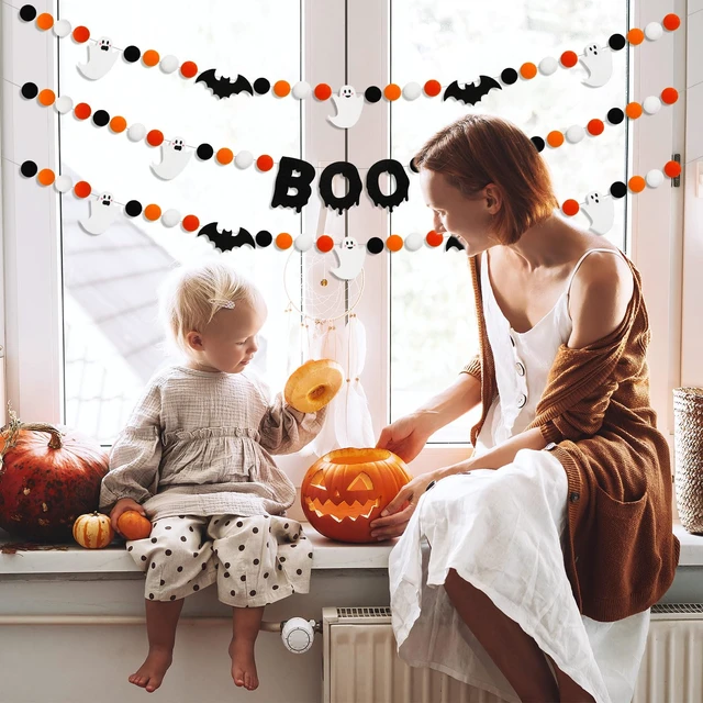 Alt view image 6 of 7 - 3Pcs Halloween Felt Garland Ghost Boo Bat Hanging Banner Orange Black White Pom Ball Banner for Haunted House Home Wall Mantle Decor