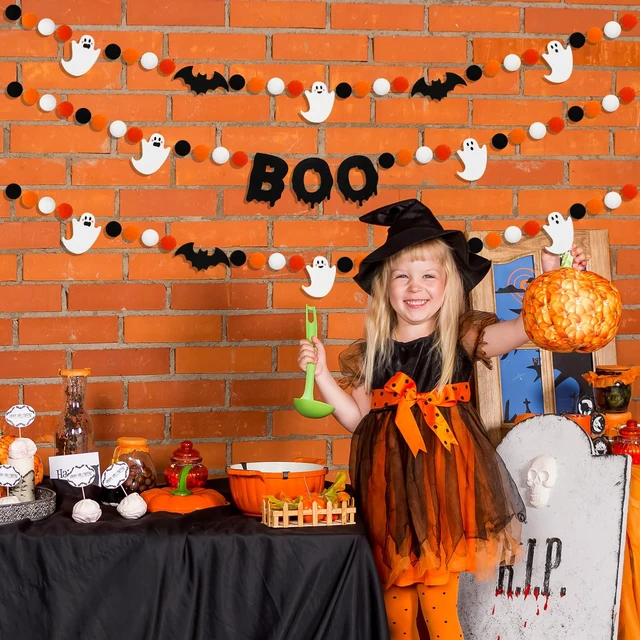 Alt view image 5 of 7 - 3Pcs Halloween Felt Garland Ghost Boo Bat Hanging Banner Orange Black White Pom Ball Banner for Haunted House Home Wall Mantle Decor
