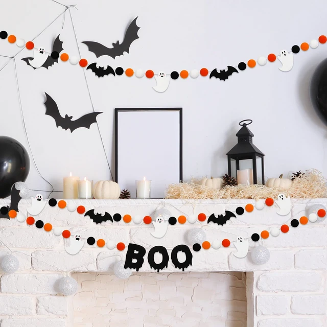 Alt view image 4 of 7 - 3Pcs Halloween Felt Garland Ghost Boo Bat Hanging Banner Orange Black White Pom Ball Banner for Haunted House Home Wall Mantle Decor