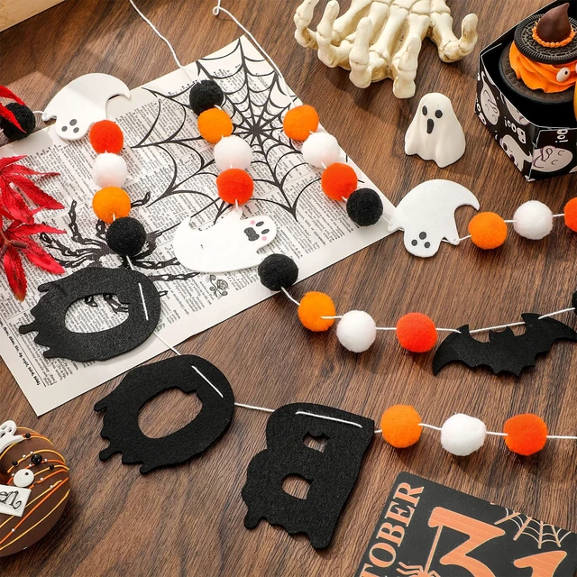 Alt view image 3 of 7 - 3Pcs Halloween Felt Garland Ghost Boo Bat Hanging Banner Orange Black White Pom Ball Banner for Haunted House Home Wall Mantle Decor
