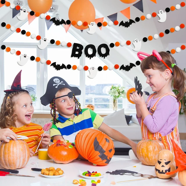 Alt view image 7 of 7 - 3Pcs Halloween Felt Garland Ghost Boo Bat Hanging Banner Orange Black White Pom Ball Banner for Haunted House Home Wall Mantle Decor