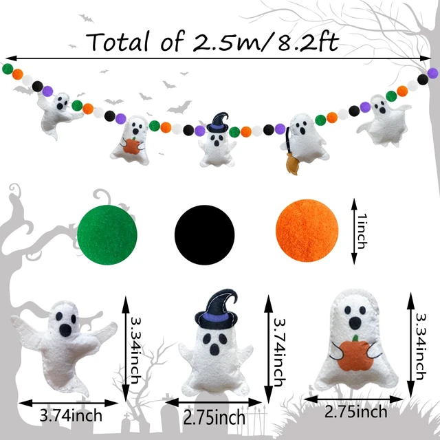 Alt view image 2 of 7 - 3D Halloween Felt Garland Banner Ghost Theme Bunting Banner Halloween Colorful Pompom Ball Hanging Garland Cute Ghosts Felt Party Bunting for Fireplace Mantle Home Haunted Houses Decor