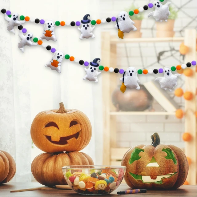 Alt view image 3 of 7 - 3D Halloween Felt Garland Banner Ghost Theme Bunting Banner Halloween Colorful Pompom Ball Hanging Garland Cute Ghosts Felt Party Bunting for Fireplace Mantle Home Haunted Houses Decor