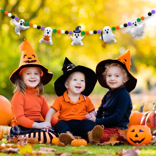 Alt view image 4 of 7 - 3D Halloween Felt Garland Banner Ghost Theme Bunting Banner Halloween Colorful Pompom Ball Hanging Garland Cute Ghosts Felt Party Bunting for Fireplace Mantle Home Haunted Houses Decor