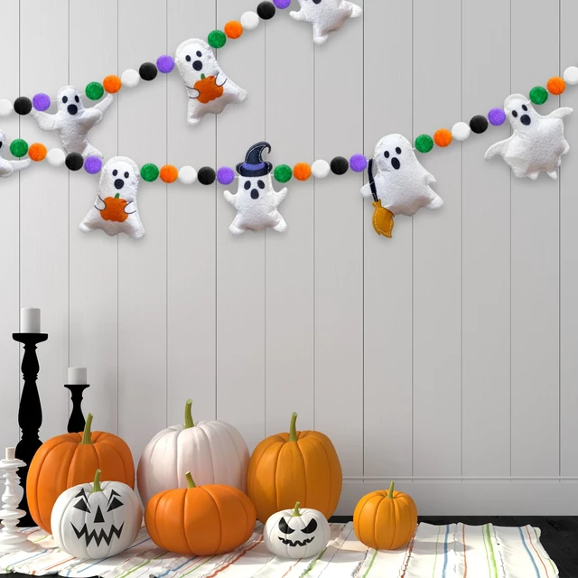 Alt view image 5 of 7 - 3D Halloween Felt Garland Banner Ghost Theme Bunting Banner Halloween Colorful Pompom Ball Hanging Garland Cute Ghosts Felt Party Bunting for Fireplace Mantle Home Haunted Houses Decor