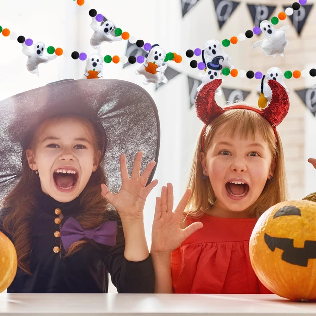 Alt view image 6 of 7 - 3D Halloween Felt Garland Banner Ghost Theme Bunting Banner Halloween Colorful Pompom Ball Hanging Garland Cute Ghosts Felt Party Bunting for Fireplace Mantle Home Haunted Houses Decor