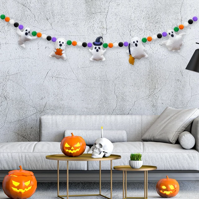 Alt view image 7 of 7 - 3D Halloween Felt Garland Banner Ghost Theme Bunting Banner Halloween Colorful Pompom Ball Hanging Garland Cute Ghosts Felt Party Bunting for Fireplace Mantle Home Haunted Houses Decor