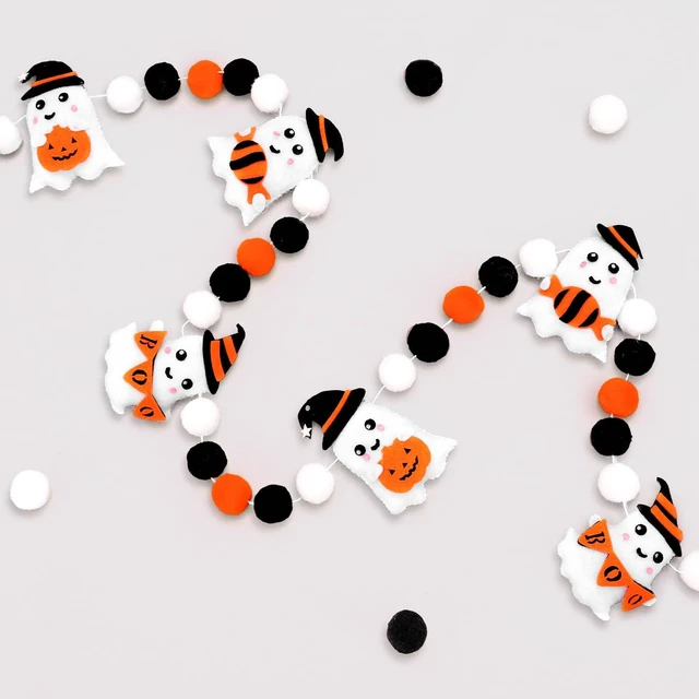 Main image of Halloween Felt Banner Cute 3D Ghost Hanging Garland Black Orange White Pom Ball Banner for Home Mantel Wall Window Decor Trick or Treat Party Supplies