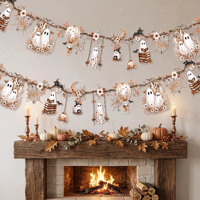 Alt view image 4 of 7 - Halloween Ghost Garland, Waterproof Halloween Garland Decorations for Indoor, Outdoor, Office, Classroom, Home Mantels