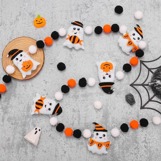 Alt view image 3 of 7 - Halloween Felt Banner Cute 3D Ghost Hanging Garland Black Orange White Pom Ball Banner for Home Mantel Wall Window Decor Trick or Treat Party Supplies