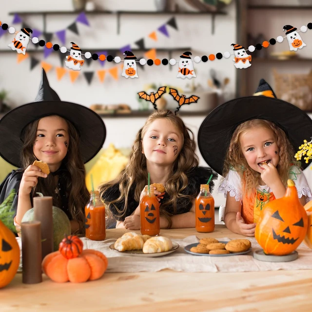Alt view image 5 of 7 - Halloween Felt Banner Cute 3D Ghost Hanging Garland Black Orange White Pom Ball Banner for Home Mantel Wall Window Decor Trick or Treat Party Supplies