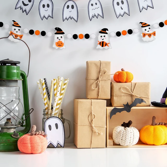Alt view image 6 of 7 - Halloween Felt Banner Cute 3D Ghost Hanging Garland Black Orange White Pom Ball Banner for Home Mantel Wall Window Decor Trick or Treat Party Supplies