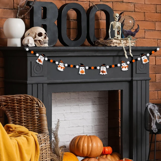 Alt view image 4 of 7 - Halloween Felt Banner Cute 3D Ghost Hanging Garland Black Orange White Pom Ball Banner for Home Mantel Wall Window Decor Trick or Treat Party Supplies