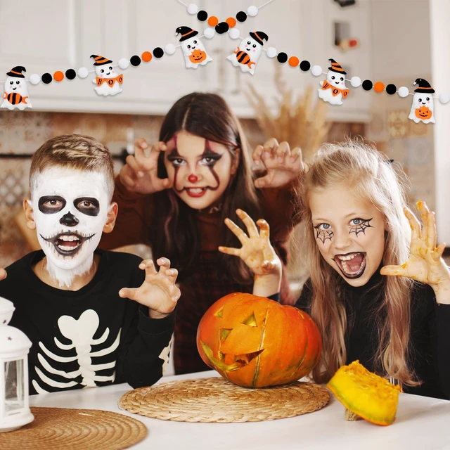 Alt view image 7 of 7 - Halloween Felt Banner Cute 3D Ghost Hanging Garland Black Orange White Pom Ball Banner for Home Mantel Wall Window Decor Trick or Treat Party Supplies