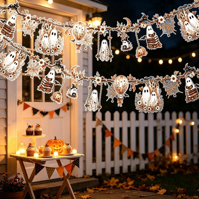 Alt view image 7 of 7 - Halloween Ghost Garland, Waterproof Halloween Garland Decorations for Indoor, Outdoor, Office, Classroom, Home Mantels