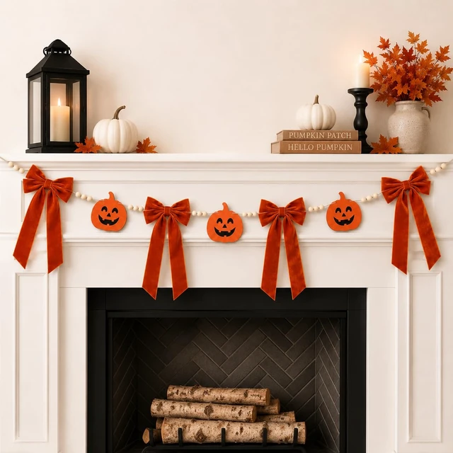 Alt view image 2 of 7 - Halloween Pumpkin Garland, Farmhouse Mantel Door Decorations | Vintage Halloween Garland, Fall Bow Garland, Rustic Style, Perfect for Front Door, Fireplace, Staircase & Window Decor