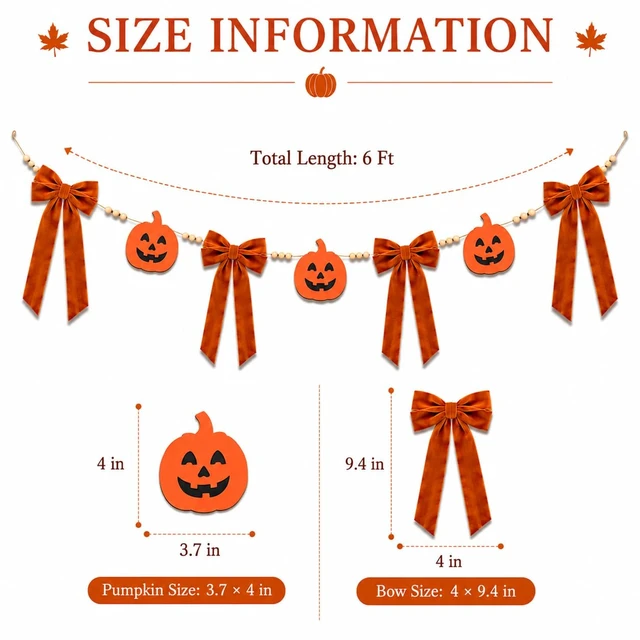 Alt view image 3 of 7 - Halloween Pumpkin Garland, Farmhouse Mantel Door Decorations | Vintage Halloween Garland, Fall Bow Garland, Rustic Style, Perfect for Front Door, Fireplace, Staircase & Window Decor