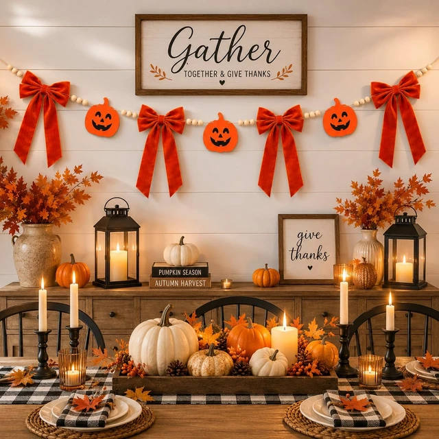 Alt view image 4 of 7 - Halloween Pumpkin Garland, Farmhouse Mantel Door Decorations | Vintage Halloween Garland, Fall Bow Garland, Rustic Style, Perfect for Front Door, Fireplace, Staircase & Window Decor