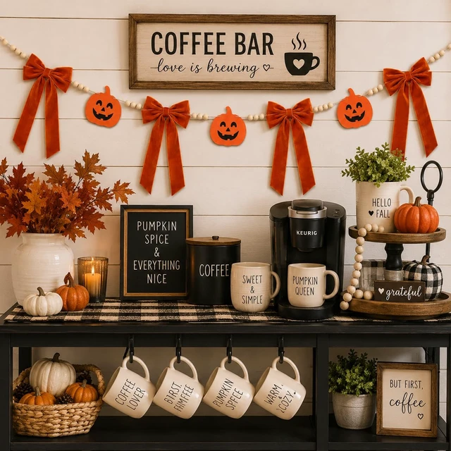 Alt view image 5 of 7 - Halloween Pumpkin Garland, Farmhouse Mantel Door Decorations | Vintage Halloween Garland, Fall Bow Garland, Rustic Style, Perfect for Front Door, Fireplace, Staircase & Window Decor