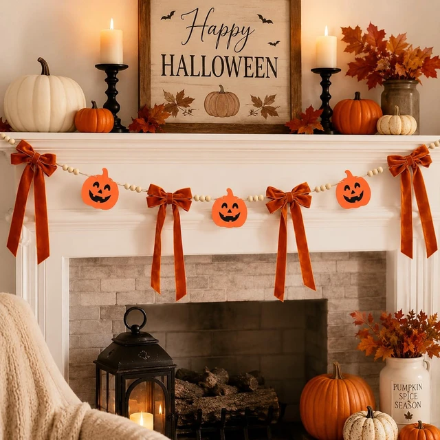 Alt view image 6 of 7 - Halloween Pumpkin Garland, Farmhouse Mantel Door Decorations | Vintage Halloween Garland, Fall Bow Garland, Rustic Style, Perfect for Front Door, Fireplace, Staircase & Window Decor