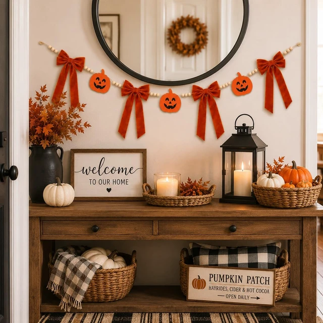 Alt view image 7 of 7 - Halloween Pumpkin Garland, Farmhouse Mantel Door Decorations | Vintage Halloween Garland, Fall Bow Garland, Rustic Style, Perfect for Front Door, Fireplace, Staircase & Window Decor