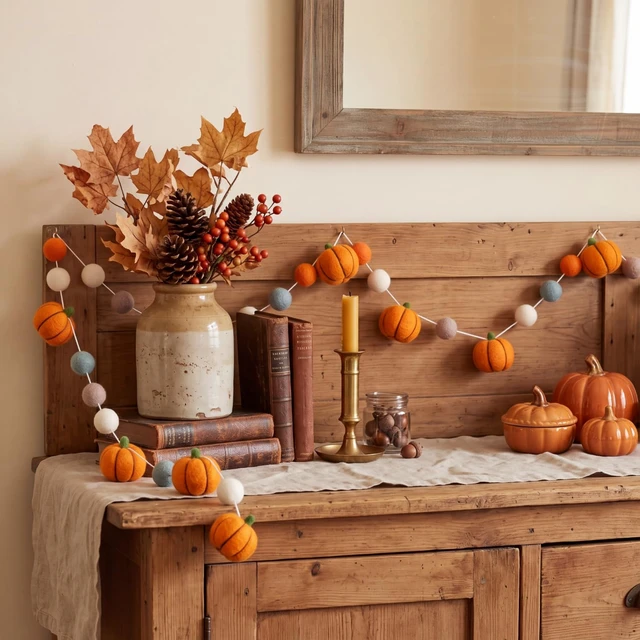 Alt view image 2 of 7 - 2 Pcs Fall Felt Pumpkin Garland Autumn Hanging Decor for Home Mantel | Felt Colorful Pom Poms Ball Banner Orange for Indoor Mantle Wall Decor, Boho Reusable Seasonal Display for Classroom Bedroom